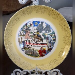 Vtg  50's Oklahoma Collector Plate The Sooner State Gold Gilt 10" Colorful
